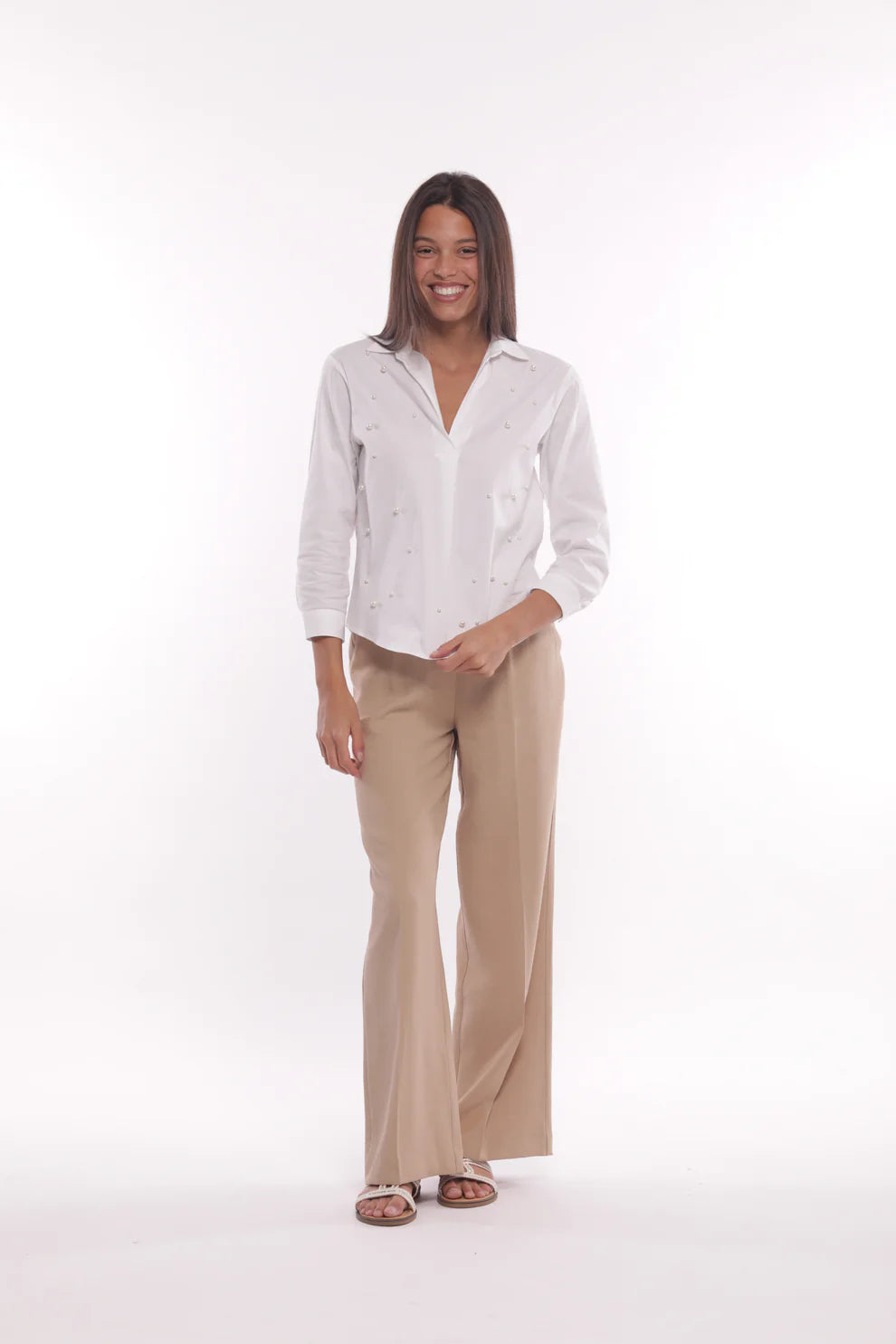 Pantaloni donna eleganti a gamba larga Beige S | Giò Fashion