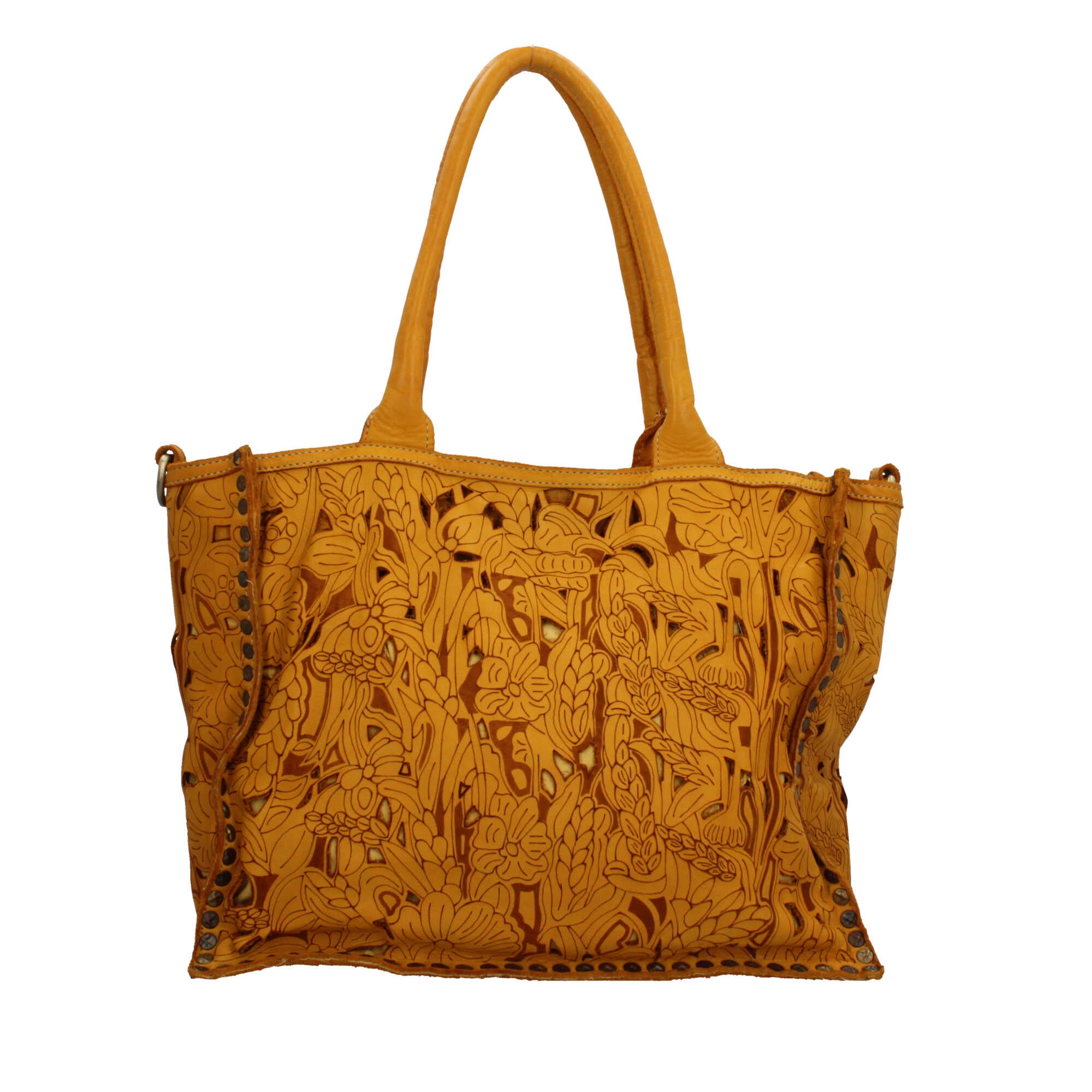 Borsa a spalla con traforo floreale e manico corto rinforzato