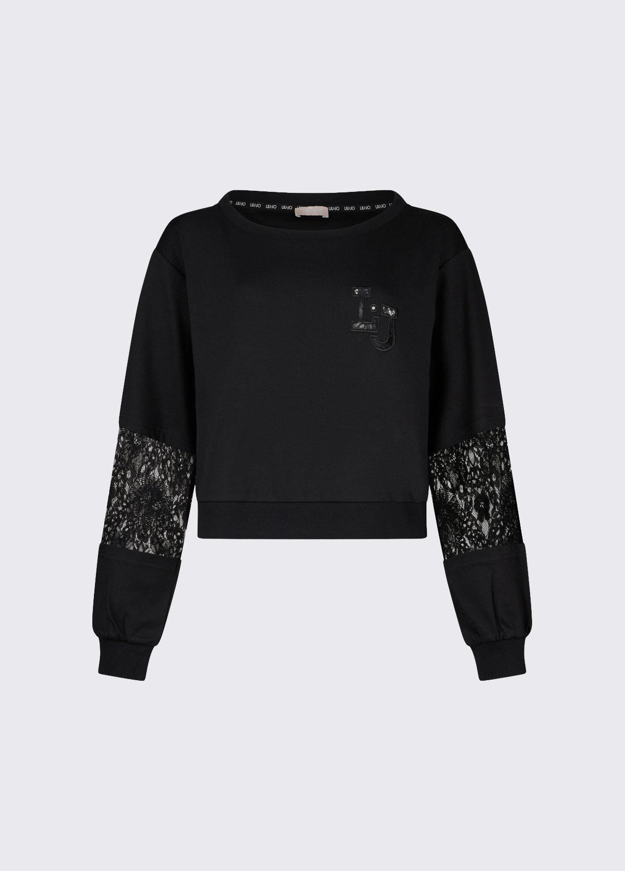 Felpa Liu Jo donna con logo LJ e maniche in pizzo Nero S | Giò Fashion