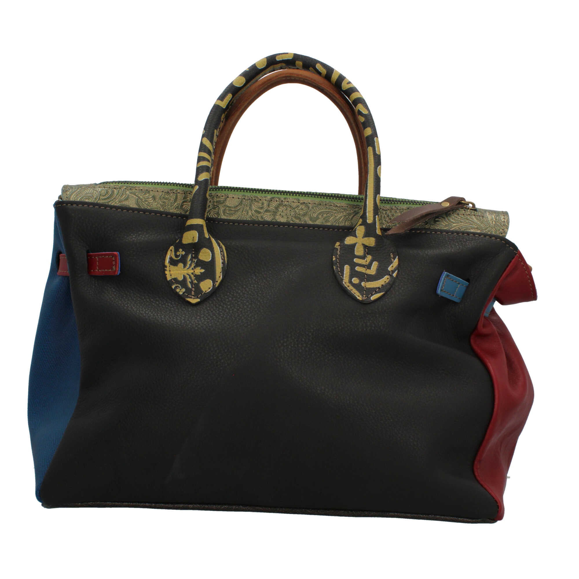 Borsa a mano Made in Italy con patta effetto metallizzato e stampa artistica