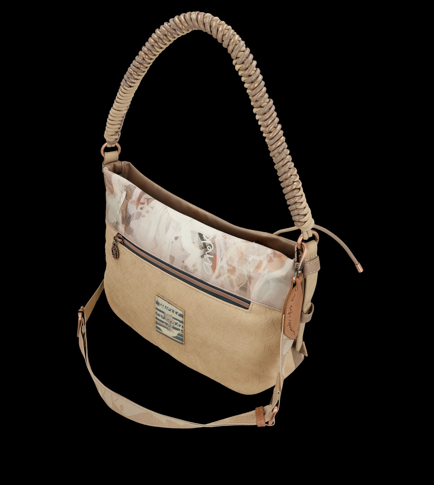 Borsa a spalla Anekke con tracolla intrecciata e design artistico