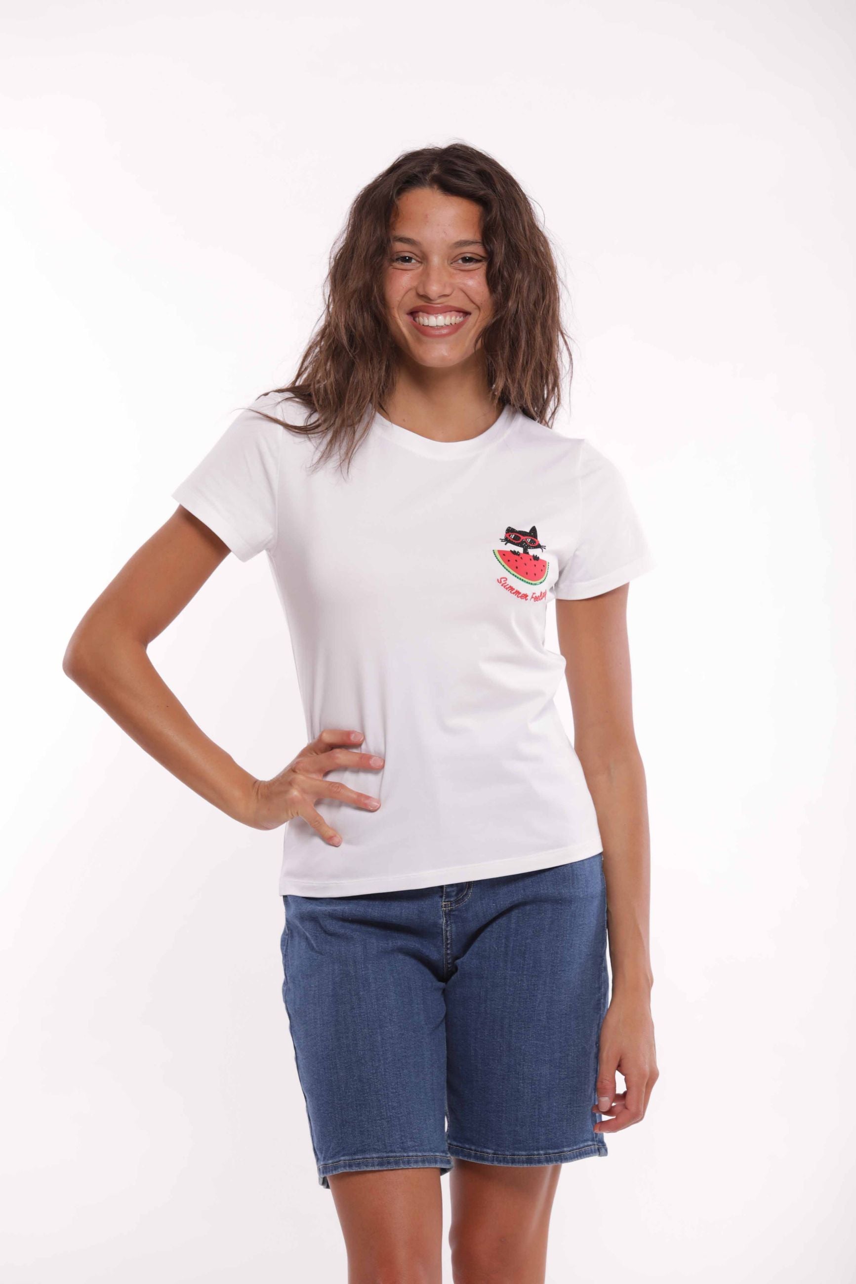 Minimua T-shirt con Ricamo Anguria e Gatto
