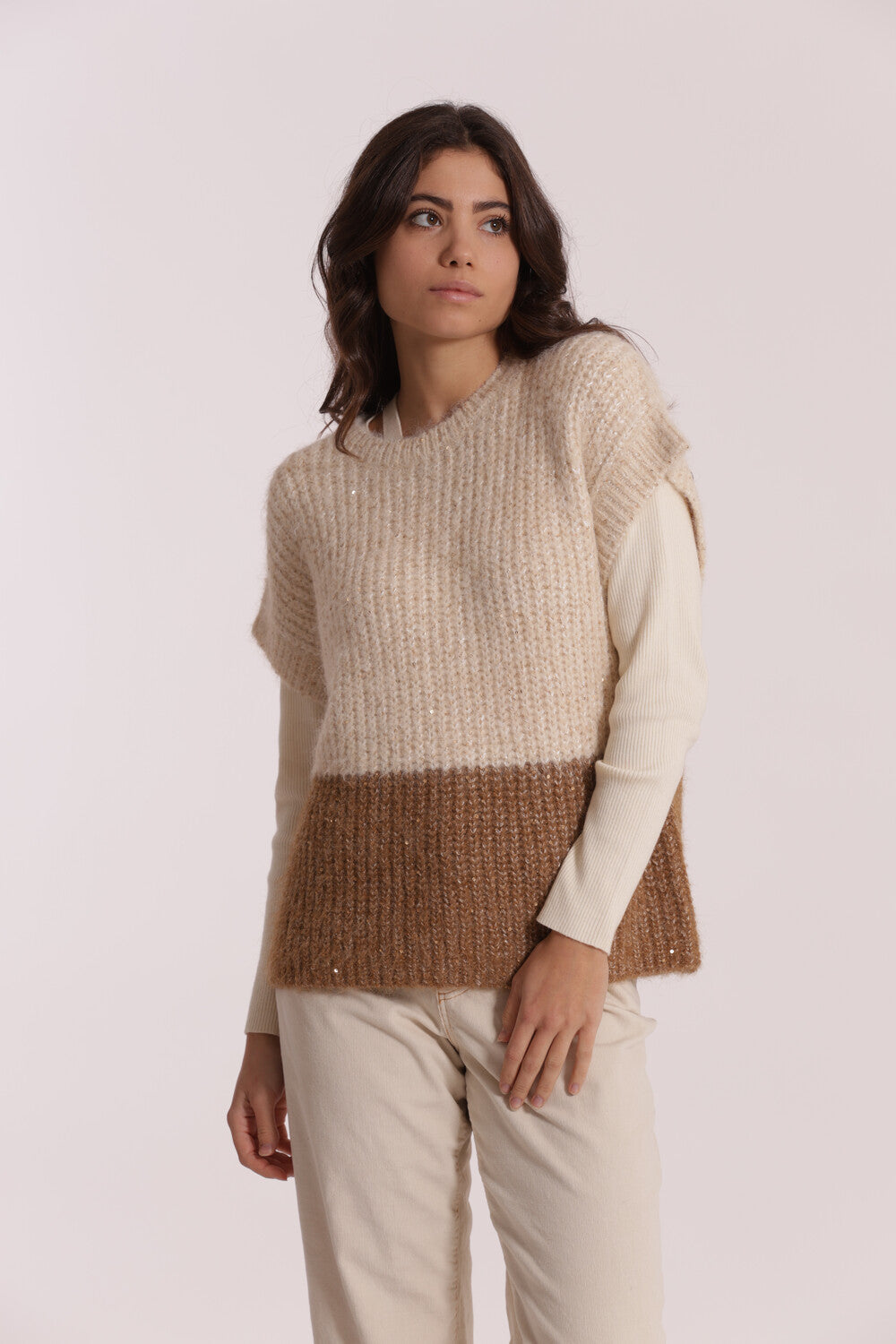 Gilet Mimi Mua donna bicolor lavorazione maglia Beige L | Giò Fashion