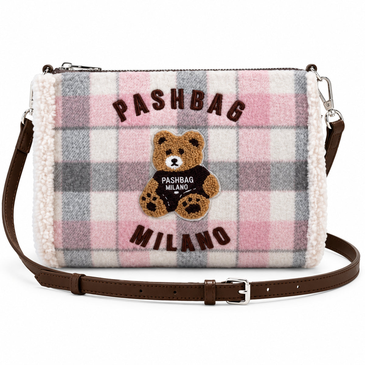 PashBag Borsa a Tracolla Effetto Peluche con Orsetto Ricamato