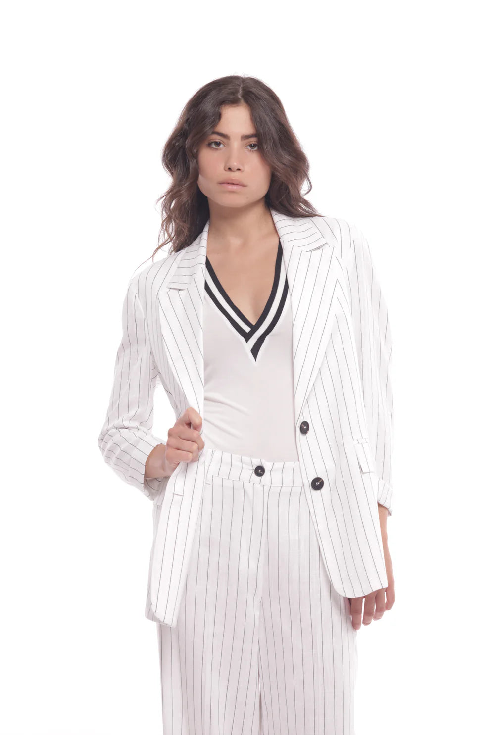 Blazer donna elegante a righe con revers e bottoni
