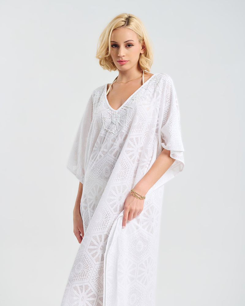 Ble Resort Collection Kaftan Lungo con Fiori Ricamati