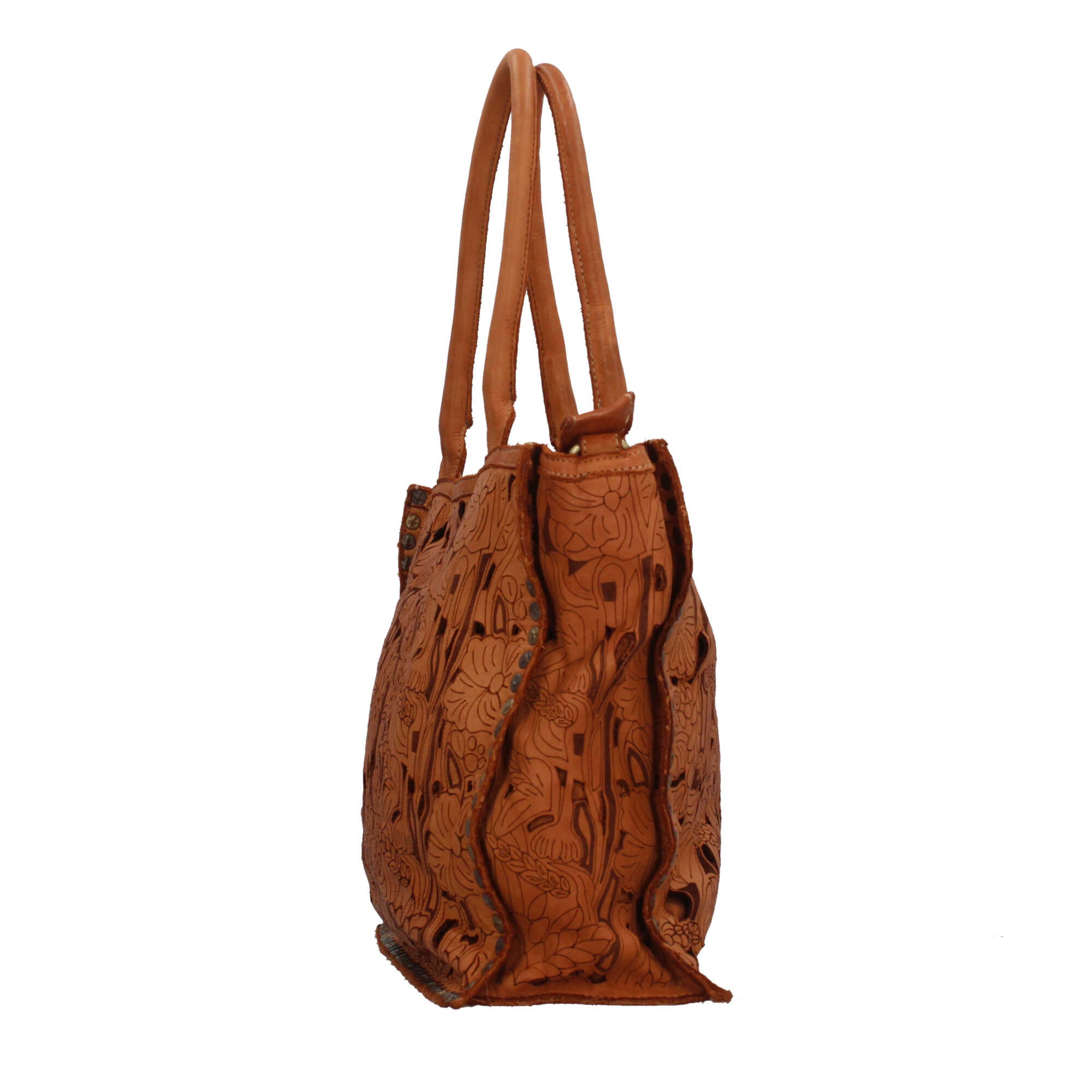 Borsa a spalla con traforo floreale e manico corto rinforzato