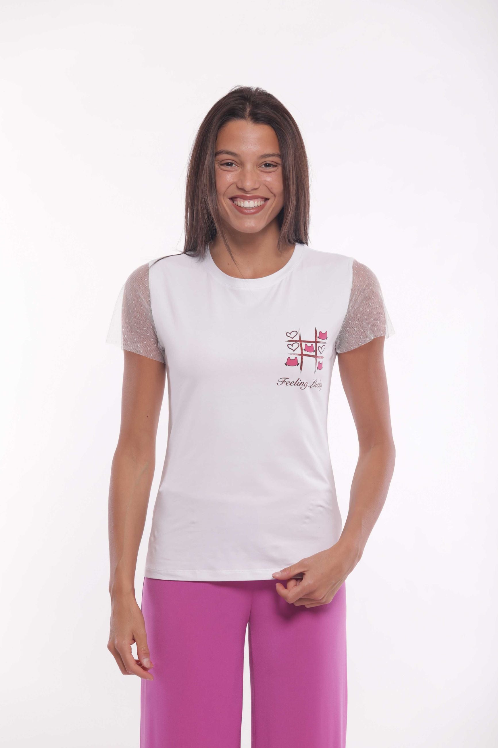 Minimua T-shirt Feeling Lucky con Maniche in Tulle Bianco S | Giò Fashion