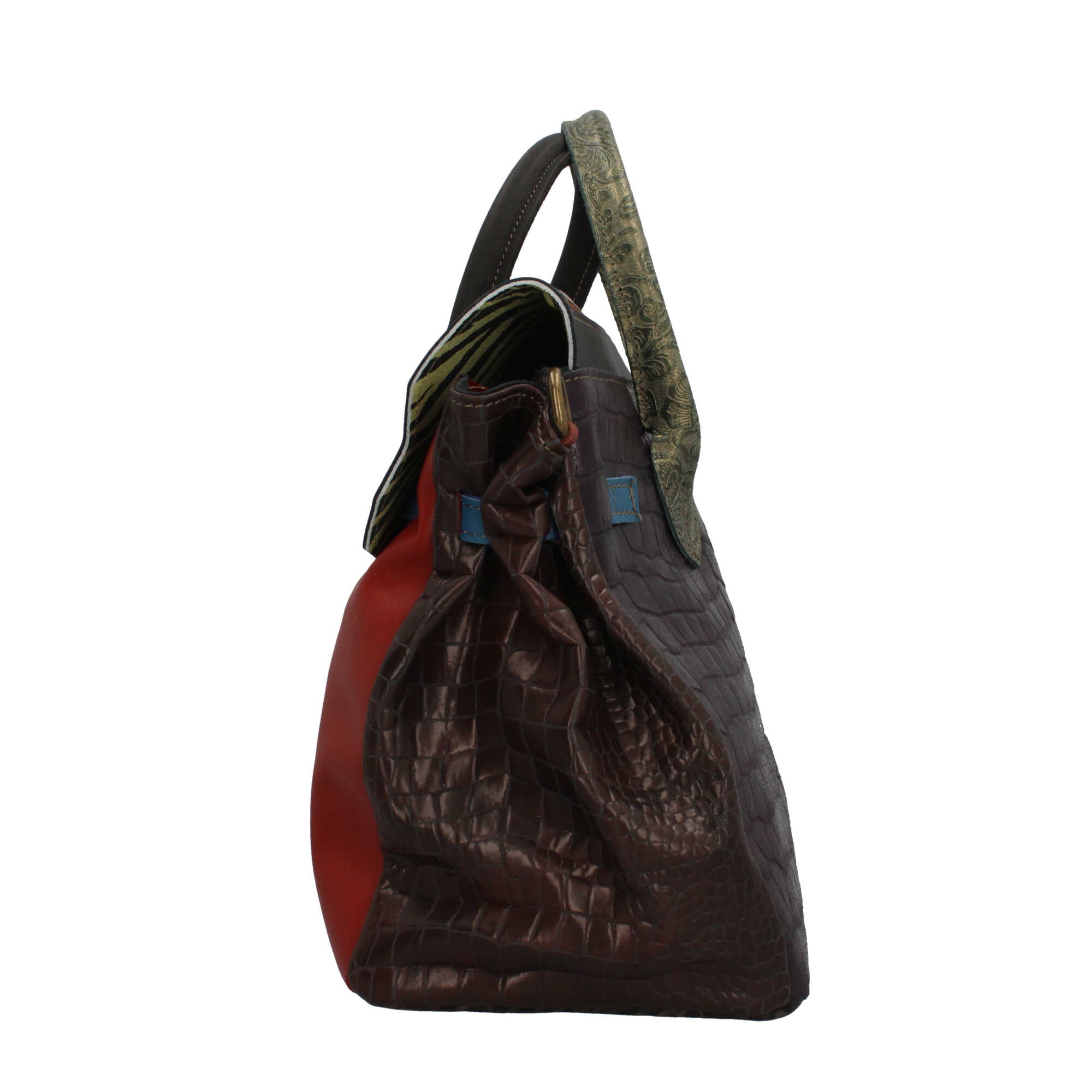 Borsa a mano Made in Italy con patta effetto metallizzato e stampa artistica