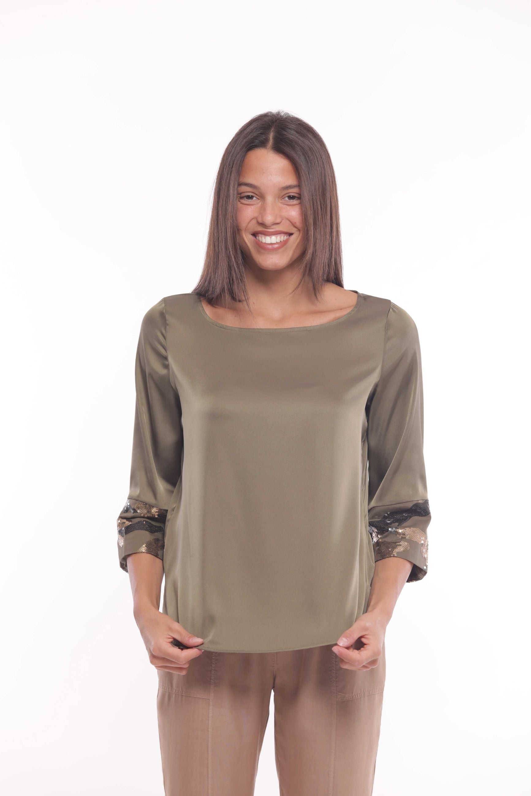 Minimua Blusa Effetto Seta Lucido con Paillettes Verde S | Giò Fashion