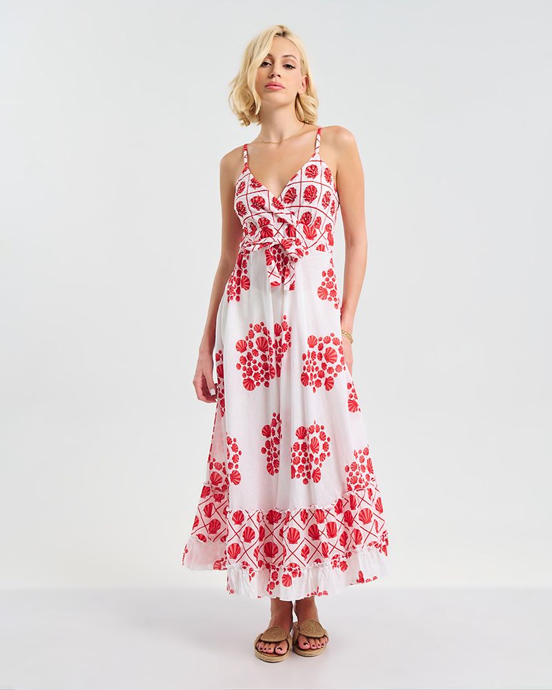 Ble Resort Collection Abito Lungo con Spallini con Conchiglie Rosse