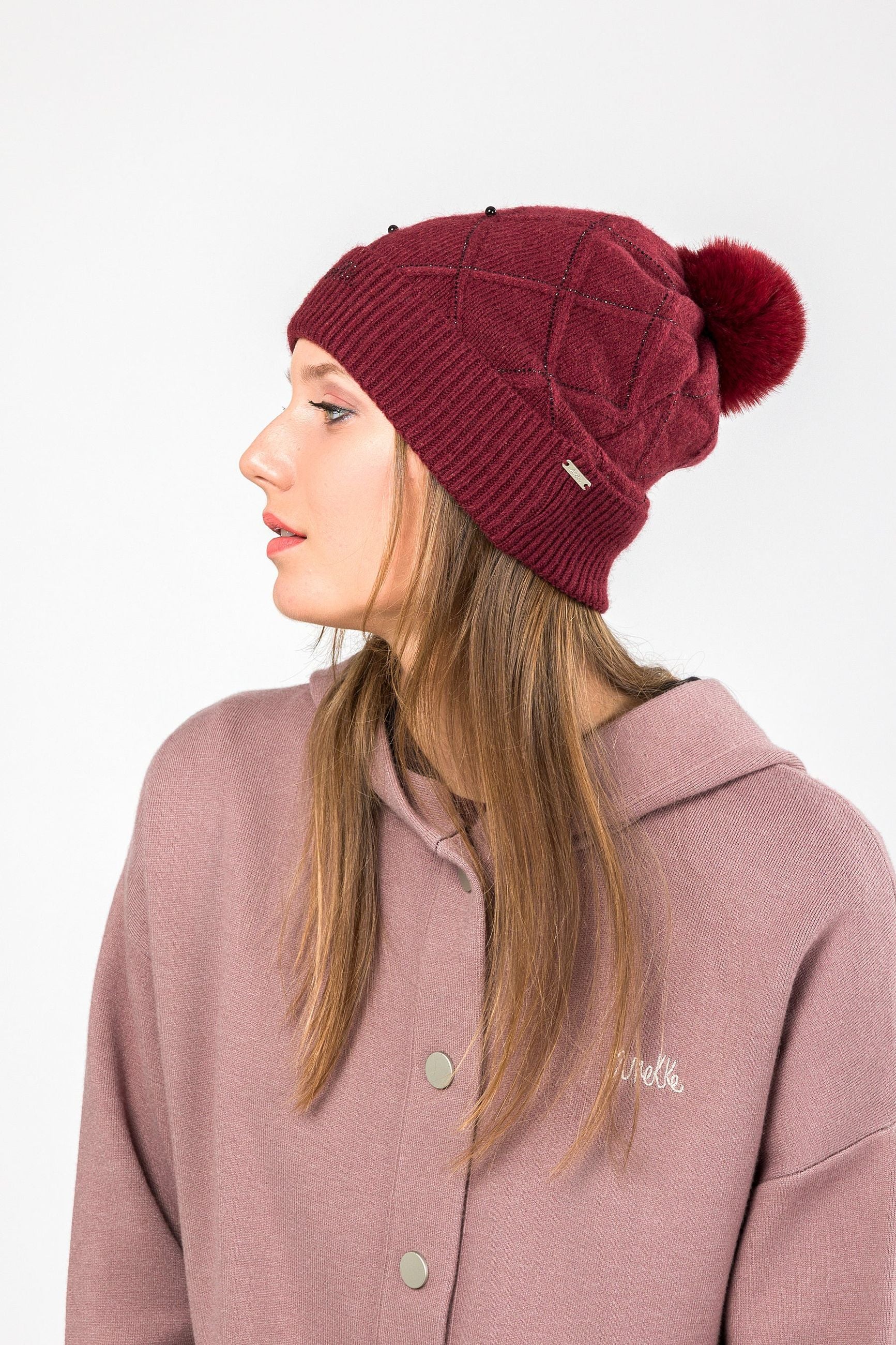 Berretto Anekke donna in maglia con perline e pon pon