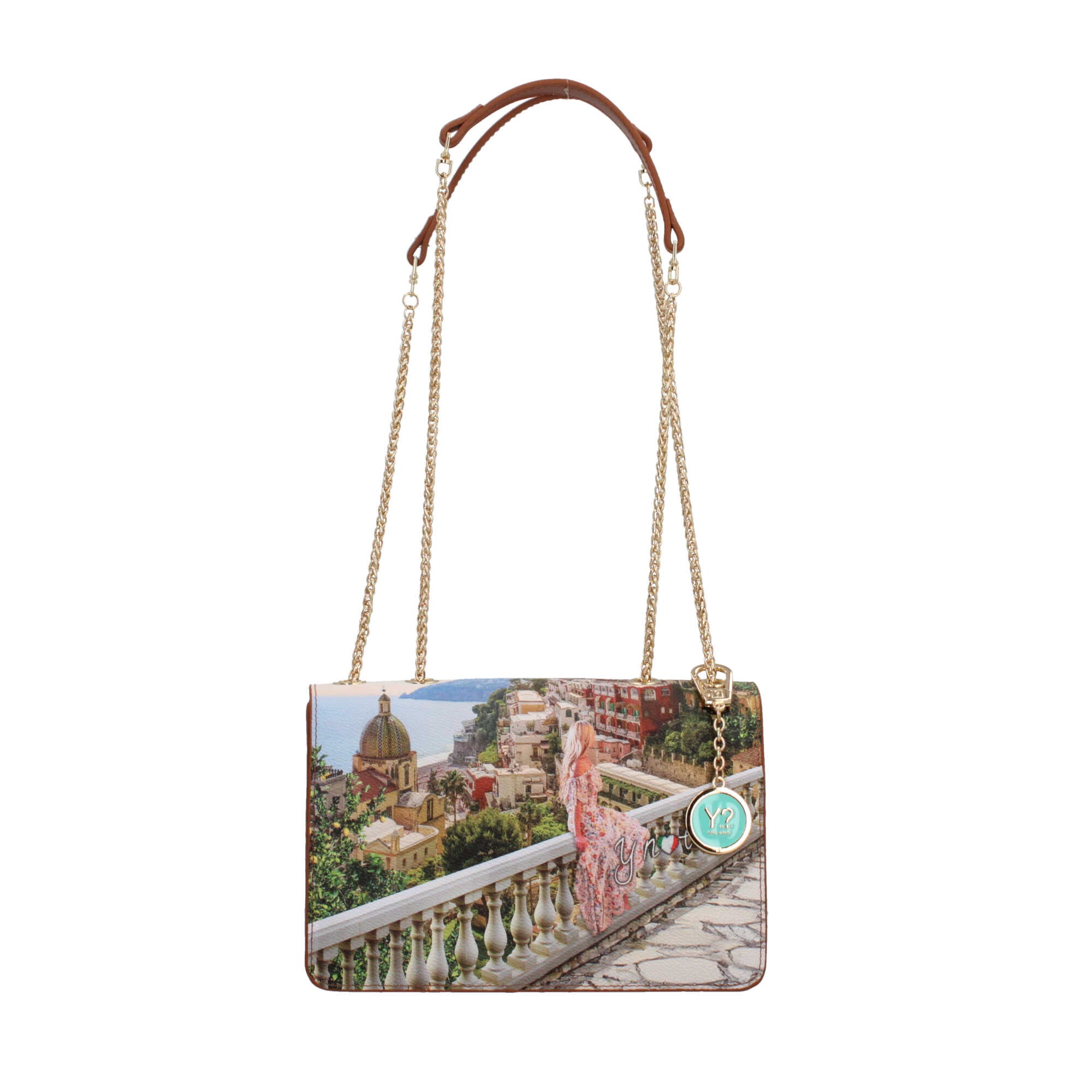 Borsa a spalla YNot con stampa artistica e catena dorata