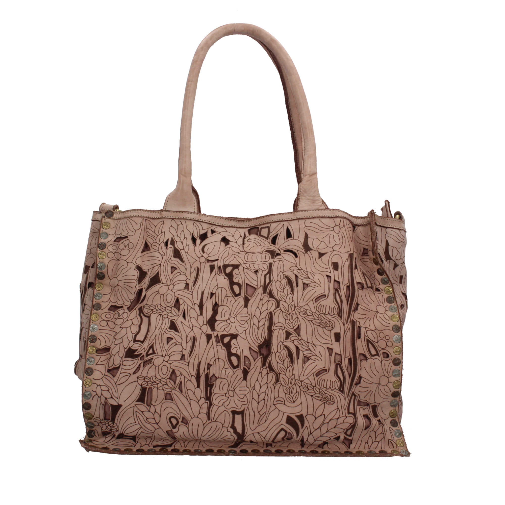 Borsa a spalla con traforo floreale e manico corto rinforzato