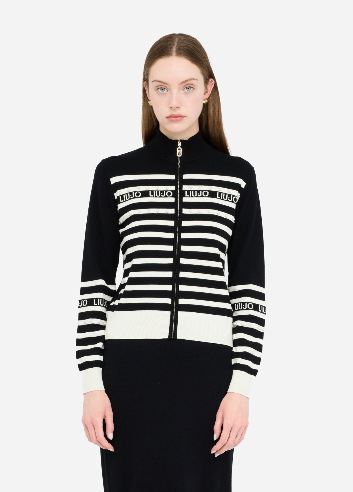 Giacca Liu Jo a righe con logo e perle Nero M | Giò Fashion