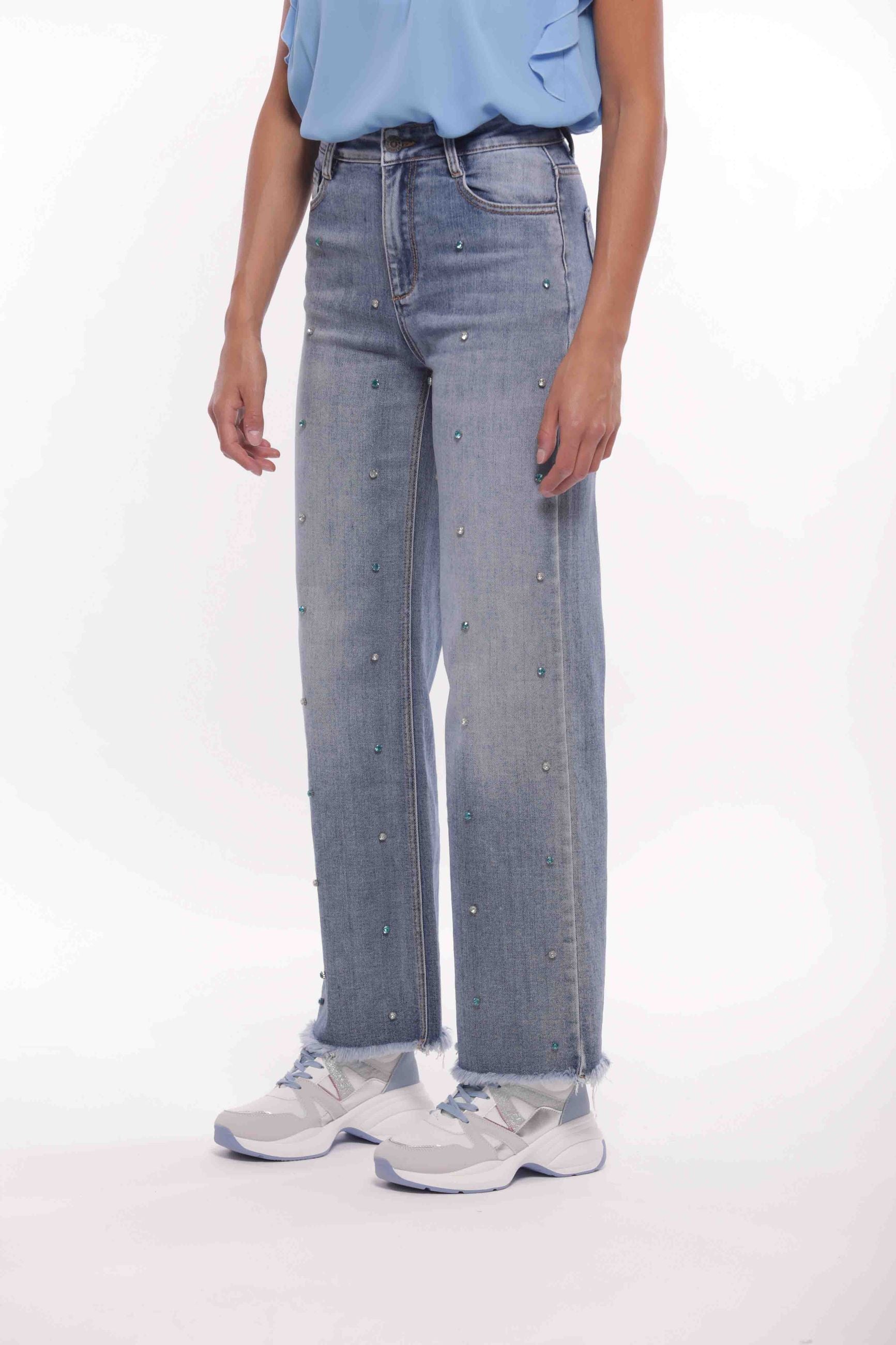 Mimi Mua Jeans Palazzo Sfrangiato con Rivetti Gioiello