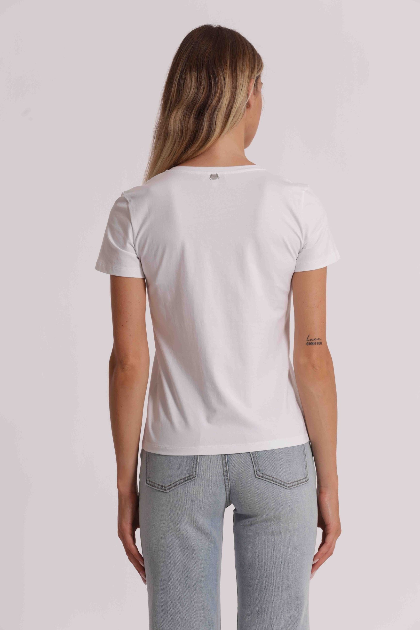 T-shirt donna Mimi Mua con scollo a V e applicazione decorativa frontale Bianco XL | Giò Fashion