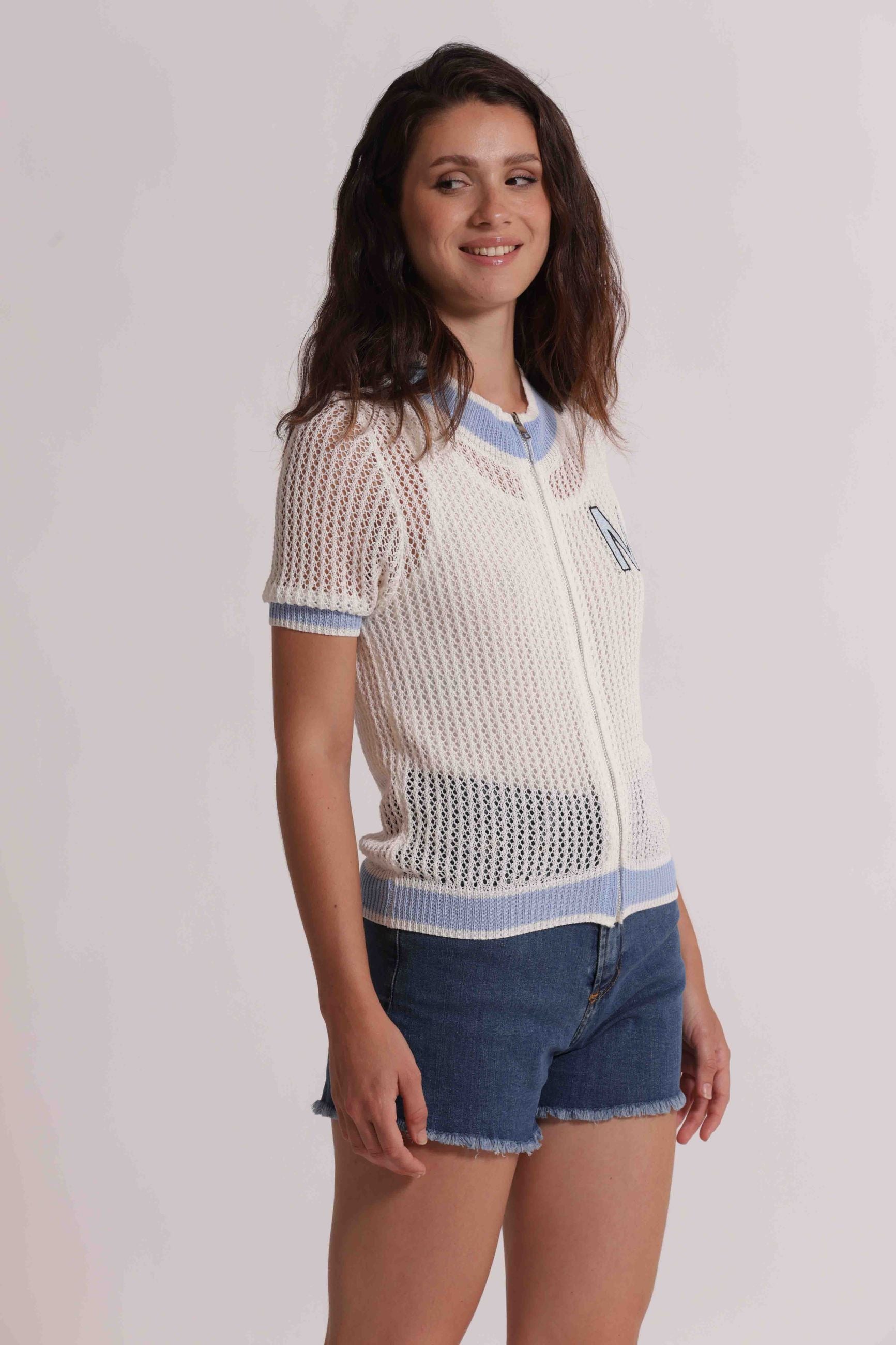 Cardigan donna Mimi Mua traforato con zip frontale e dettagli a contrasto PANNA M | Giò Fashion