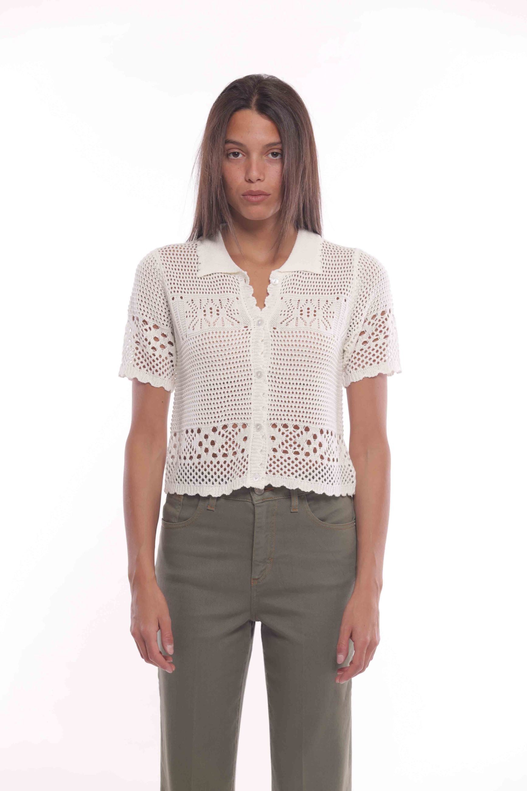 Cardigan Corto in Crochet con Maniche Corte Mimi Mua Bianco S | Giò Fashion