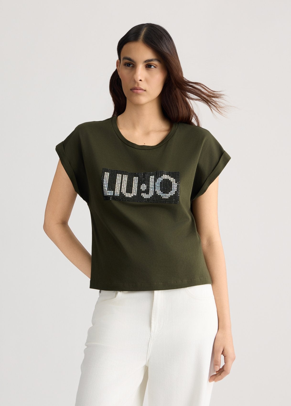 Liu Jo T-shirt in Cotone con Logo e Strass Verde M | Giò Fashion