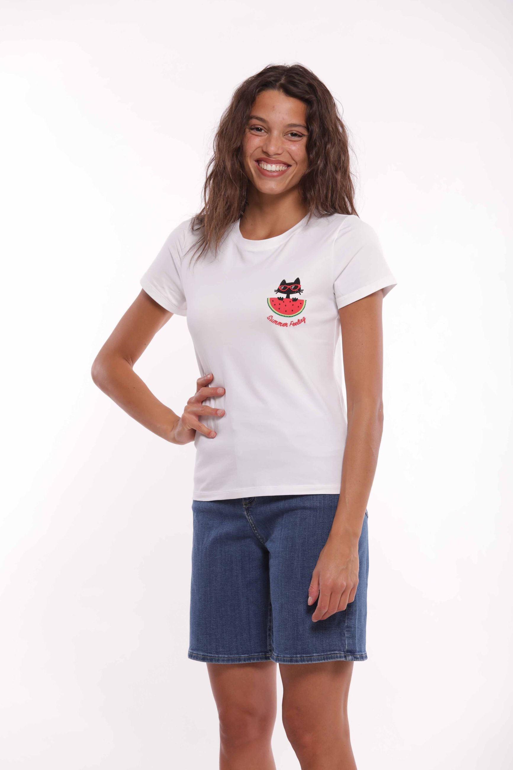 Minimua T-shirt con Ricamo Anguria e Gatto