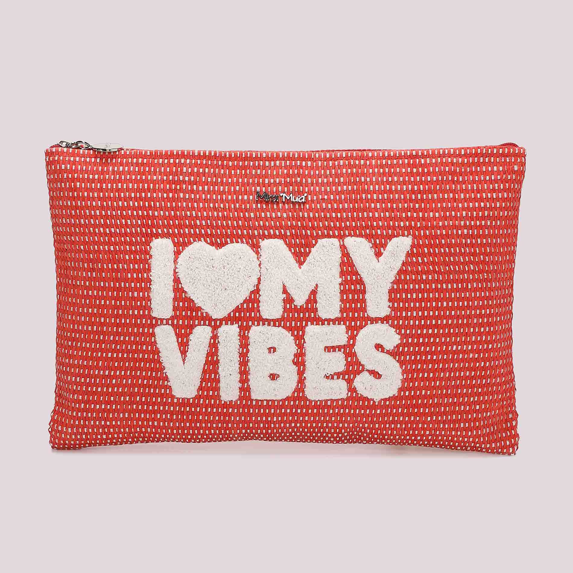Mimi Mua pochette mare I Love My Vibes in tessuto intrecciato
