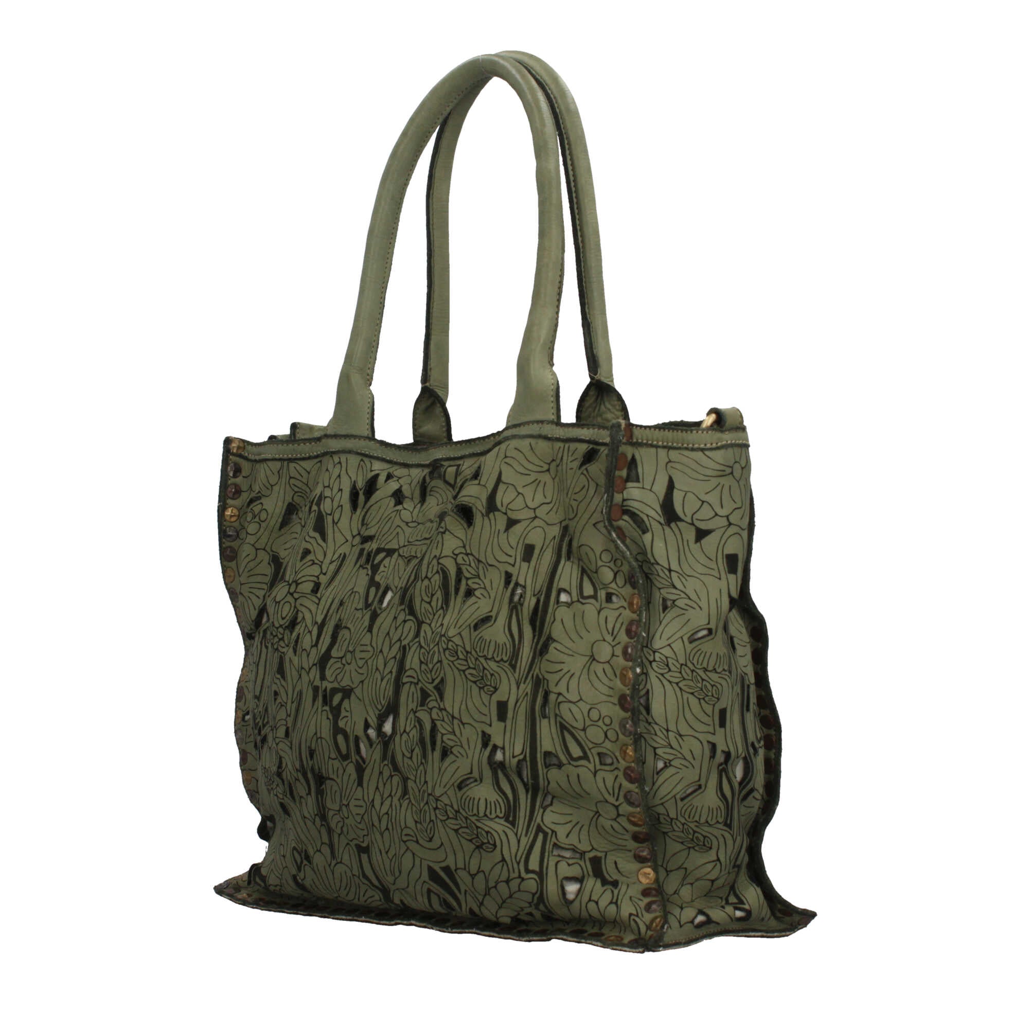 Borsa a spalla con traforo floreale e manico corto rinforzato