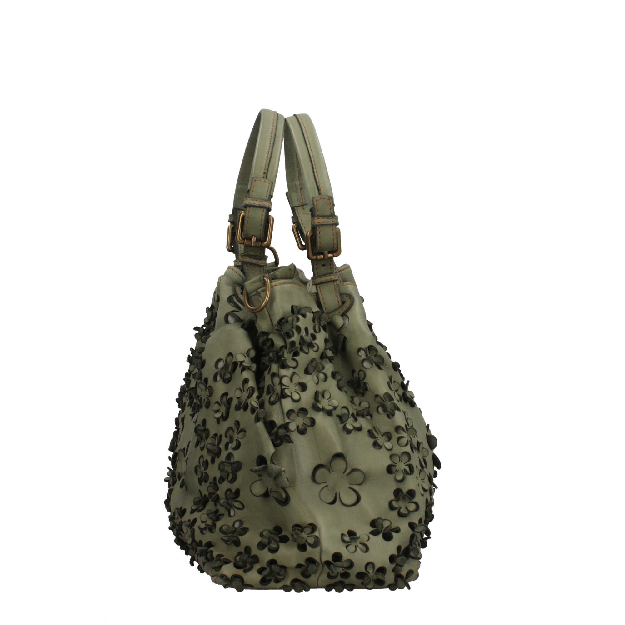 Borsa elegante traforata con motivo floreale e manici intrecciati
