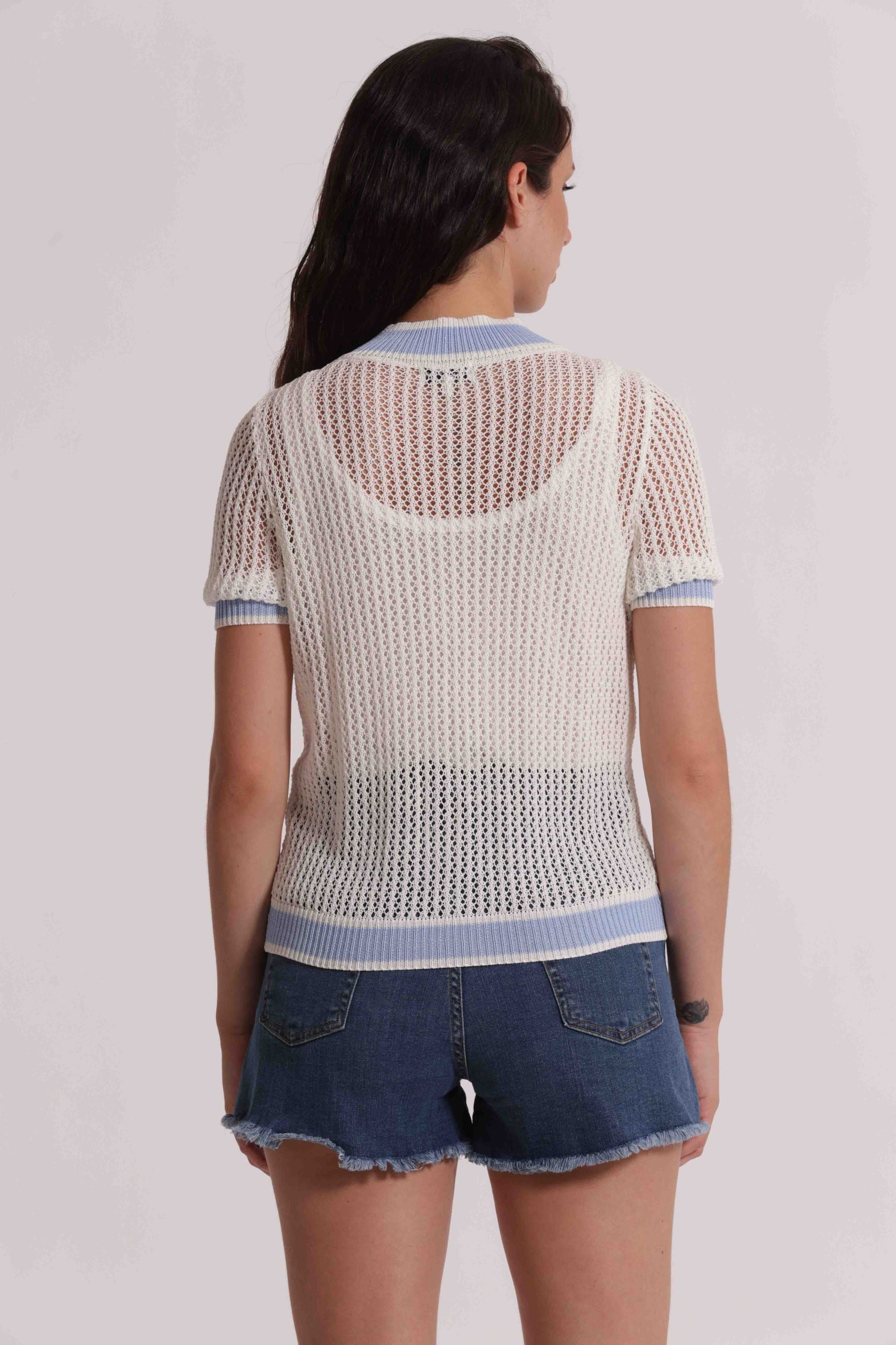 Cardigan donna Mimi Mua traforato con zip frontale e dettagli a contrasto PANNA M | Giò Fashion