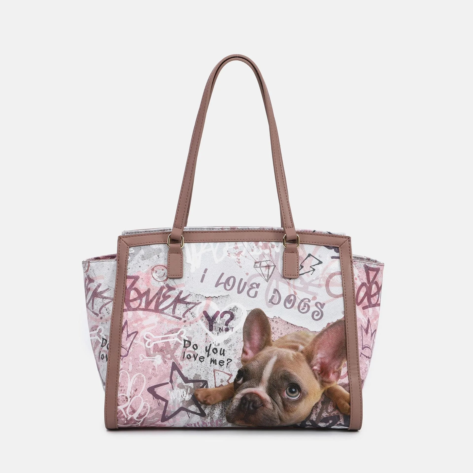 Borsa shopping YNot con grafica creativa e pendente DOG TU | Giò Fashion