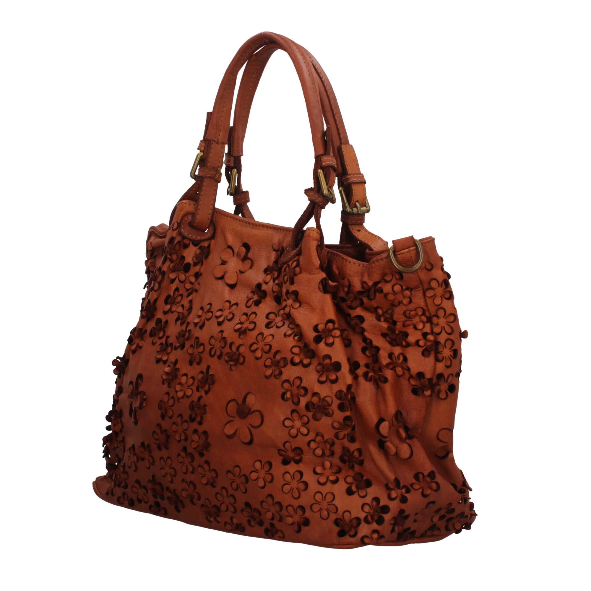 Borsa elegante traforata con motivo floreale e manici intrecciati