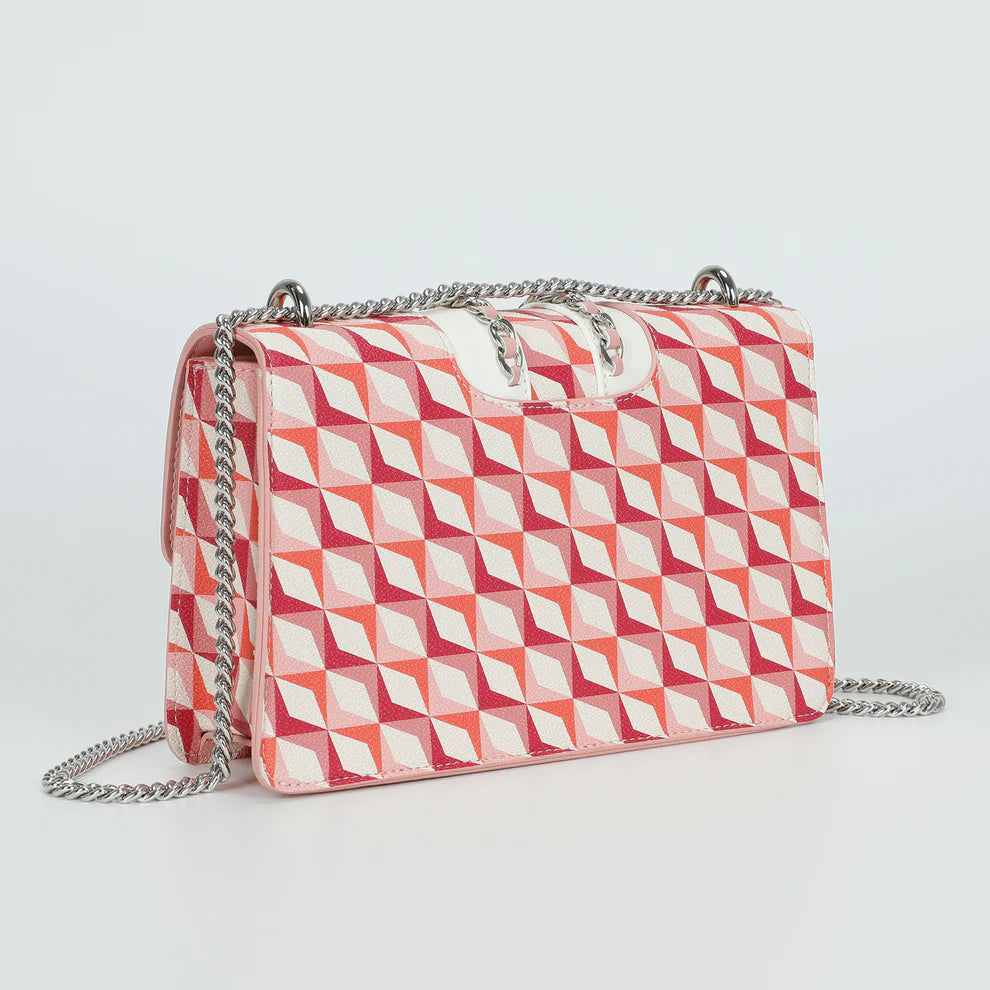Borsa a tracolla Mimi Mua con catena e fantasia geometrica