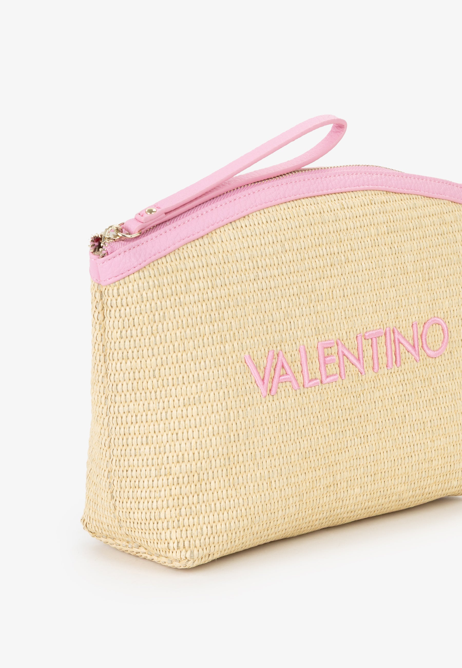 Pochette Mario Valentino in paglia con zip superiore e logo frontale ricamato