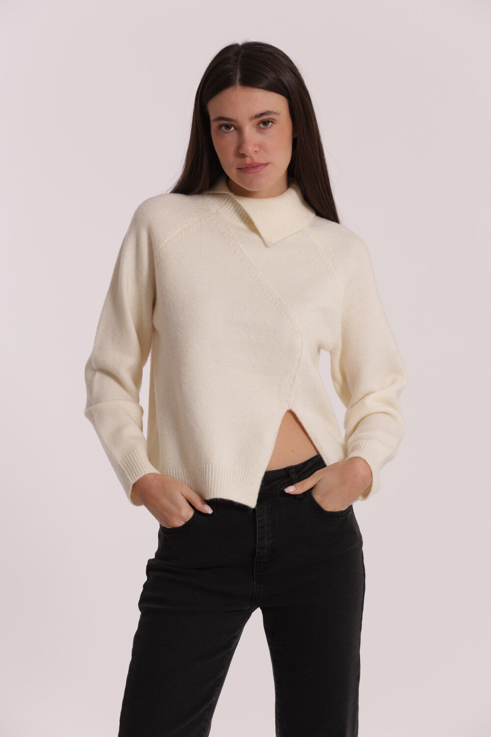 Maglione Mimi Mua con collo alto e spacco laterale Beige XL | Giò Fashion