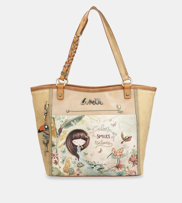 Borsa shopper Anekke con stampa natura e manici intrecciati