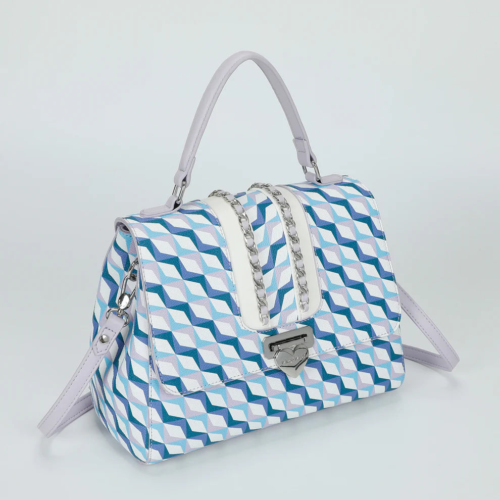Borsa a mano Mimi Mua con fantasia geometrica e dettaglio catena Blu TU | Giò Fashion