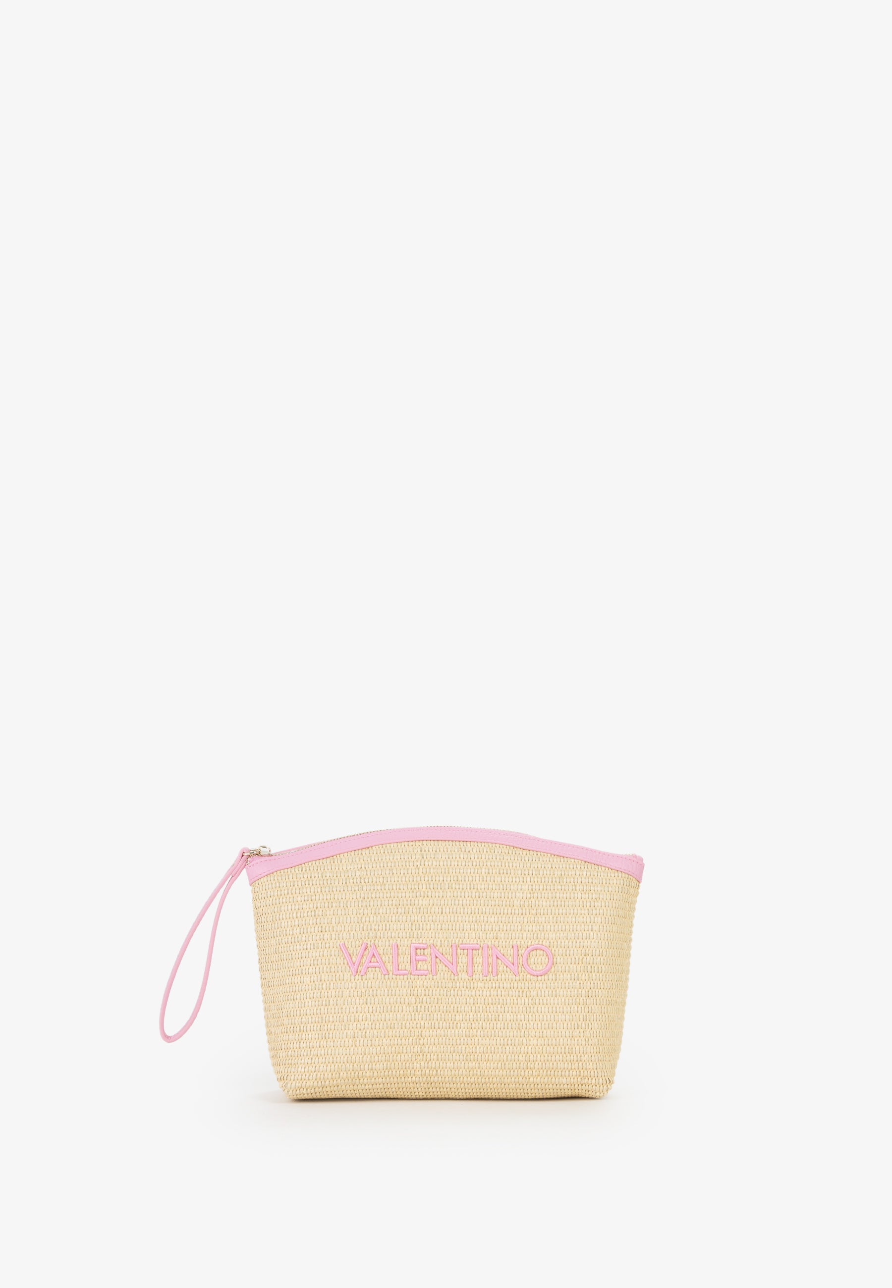 Pochette Mario Valentino in paglia con zip superiore e logo frontale ricamato