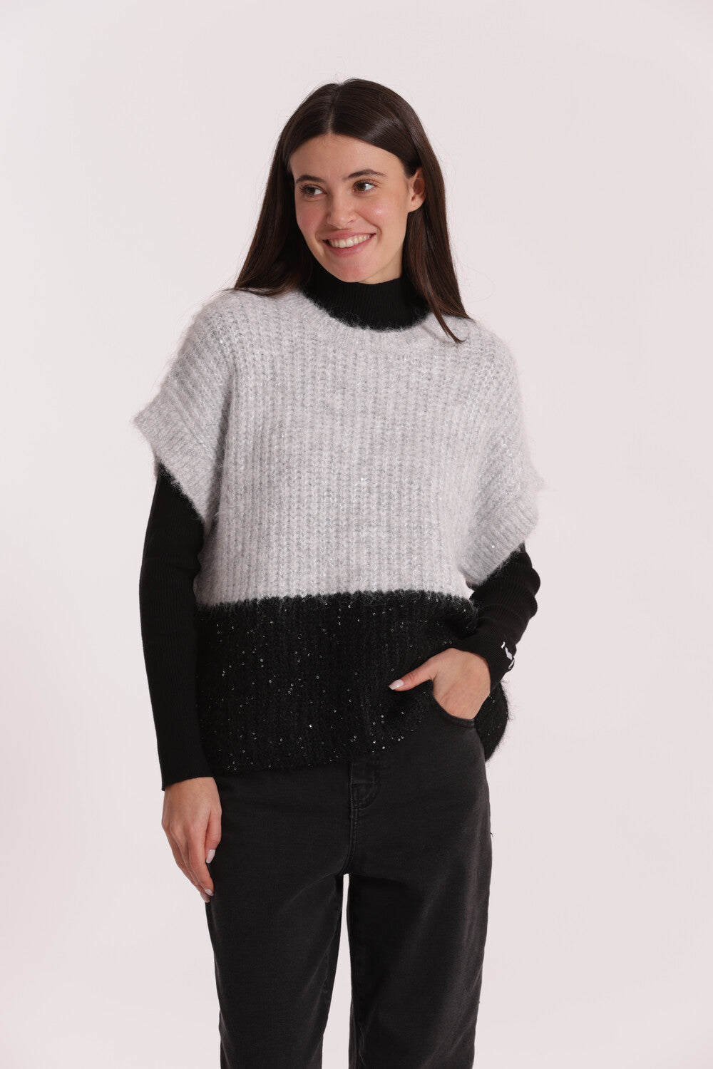 Gilet Mimi Mua donna bicolor lavorazione maglia NERO M | Giò Fashion