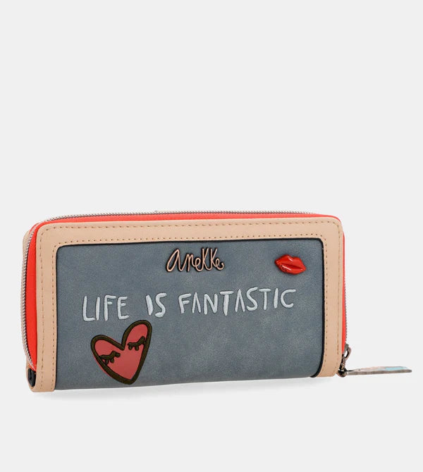 Portafoglio grande Anekke Life is Fantastic con zip e applicazioni Grigio TU | Giò Fashion