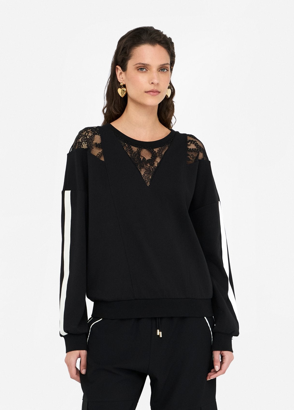 Liu Jo felpa con inserti in pizzo e dettagli sportivi Nero L | Giò Fashion