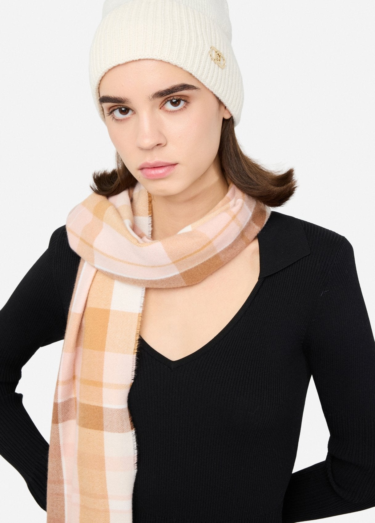 Liu Jo set cappello in maglia con logo e sciarpa a quadri Beige TU | Giò Fashion