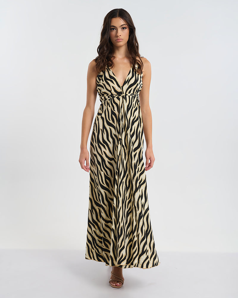 Ble Resort Collection Abito Lungo con Schiena Scoperta con Dettagli Zebrati