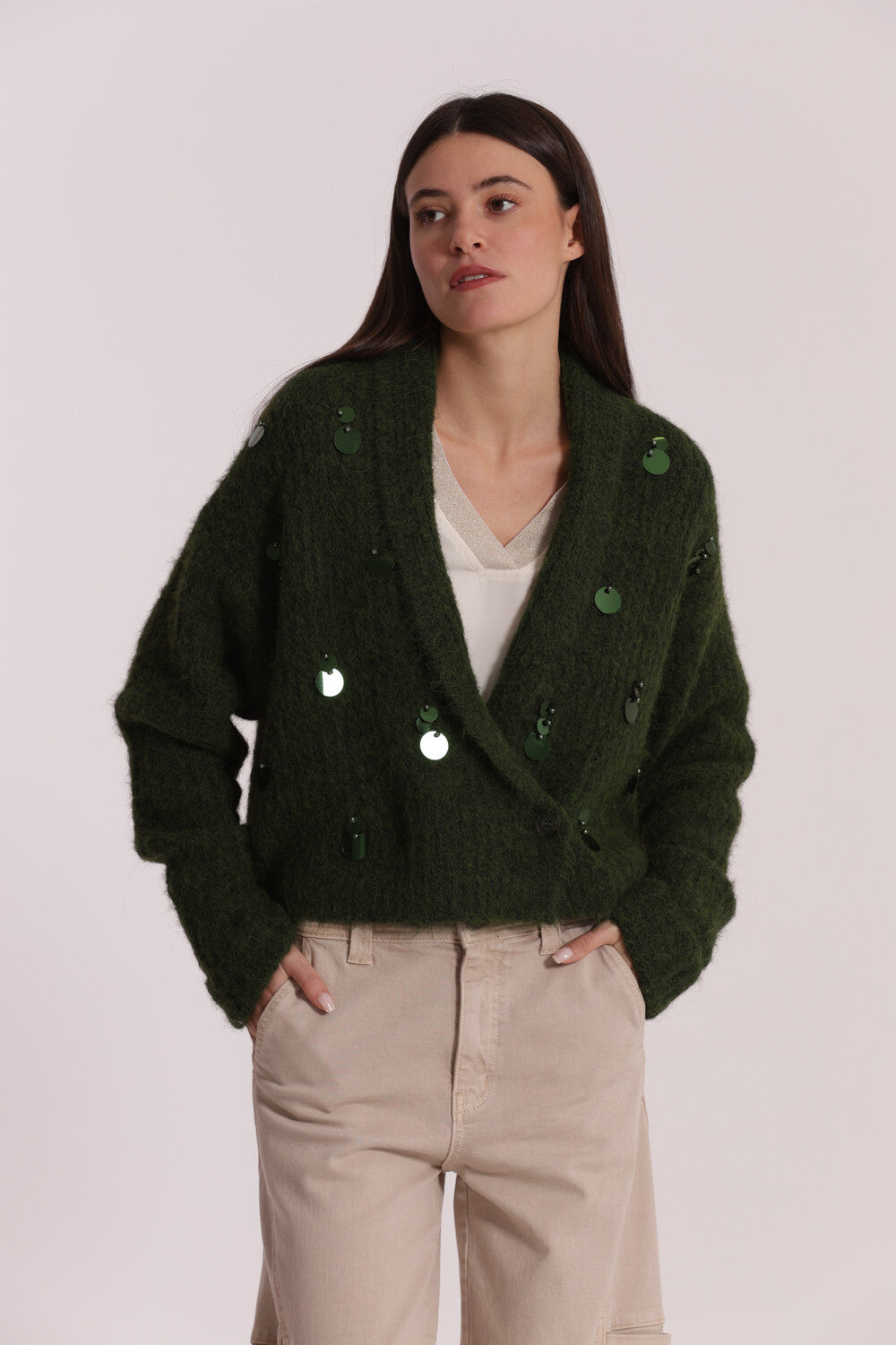 Cardigan Mimi Mua in maglia soffice con bottoni VERDE M | Giò Fashion