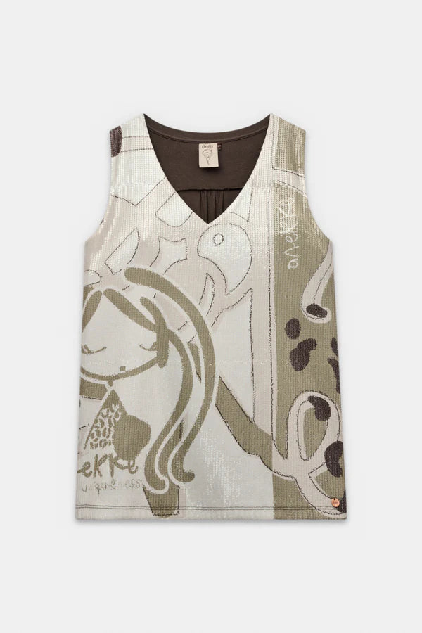 Anekke top donna scollo a V con stampa artistica stile elegante Marrone S/M | Giò Fashion
