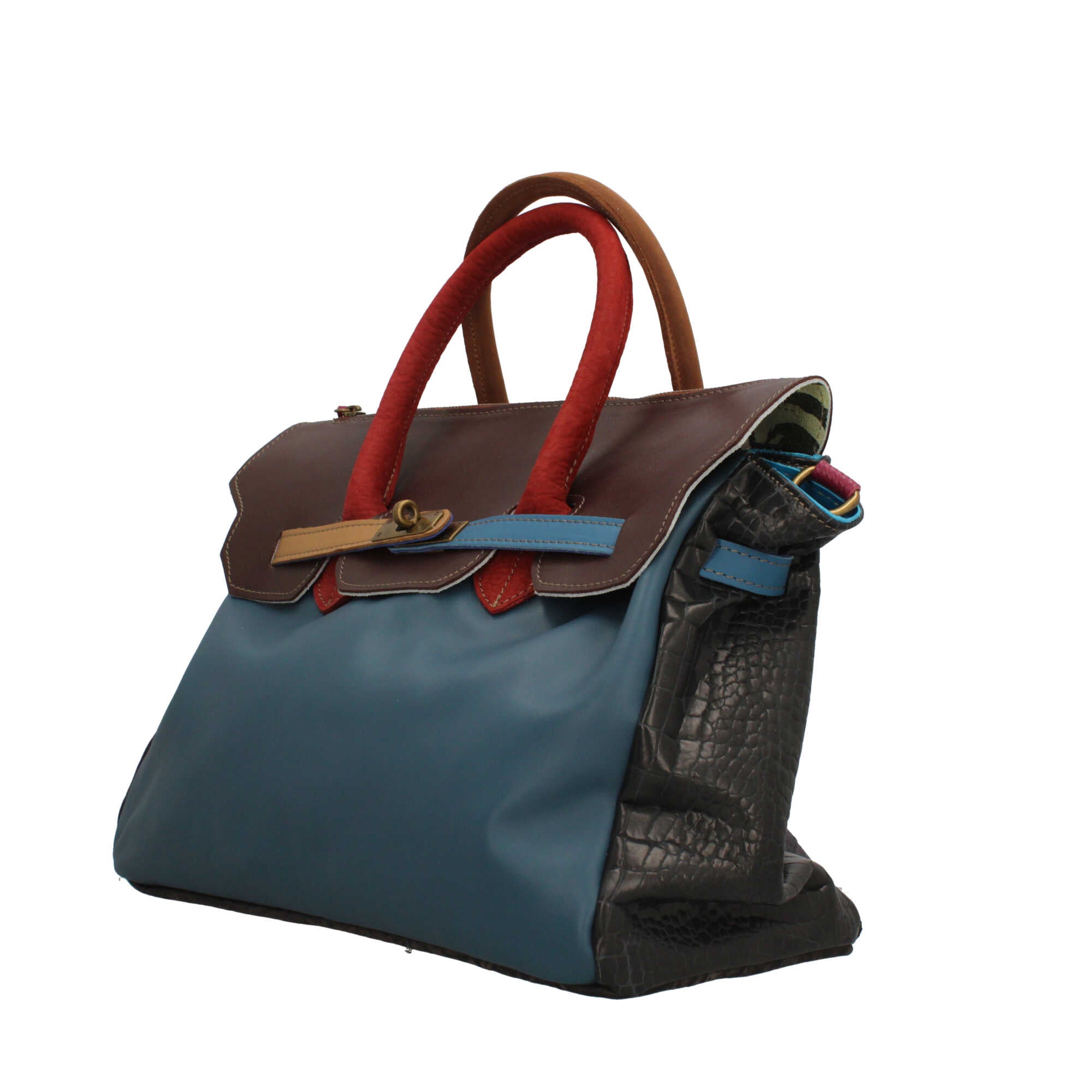 Borsa a mano Made in Italy con patta effetto metallizzato e stampa artistica