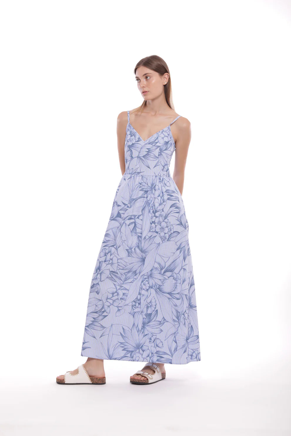 Abito lungo con spalline sottili e fantasia floreale Blu S | Giò Fashion