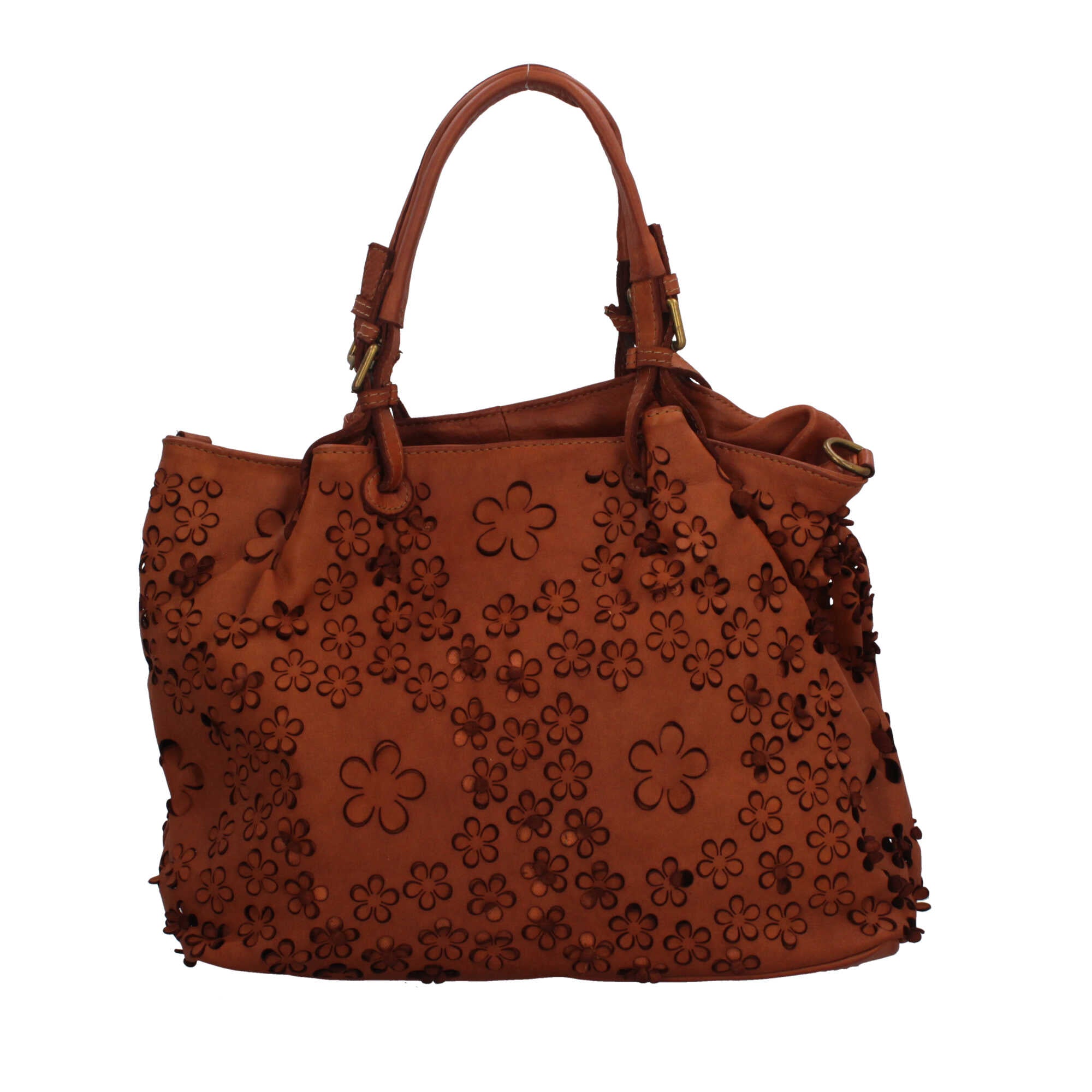 Borsa elegante traforata con motivo floreale e manici intrecciati
