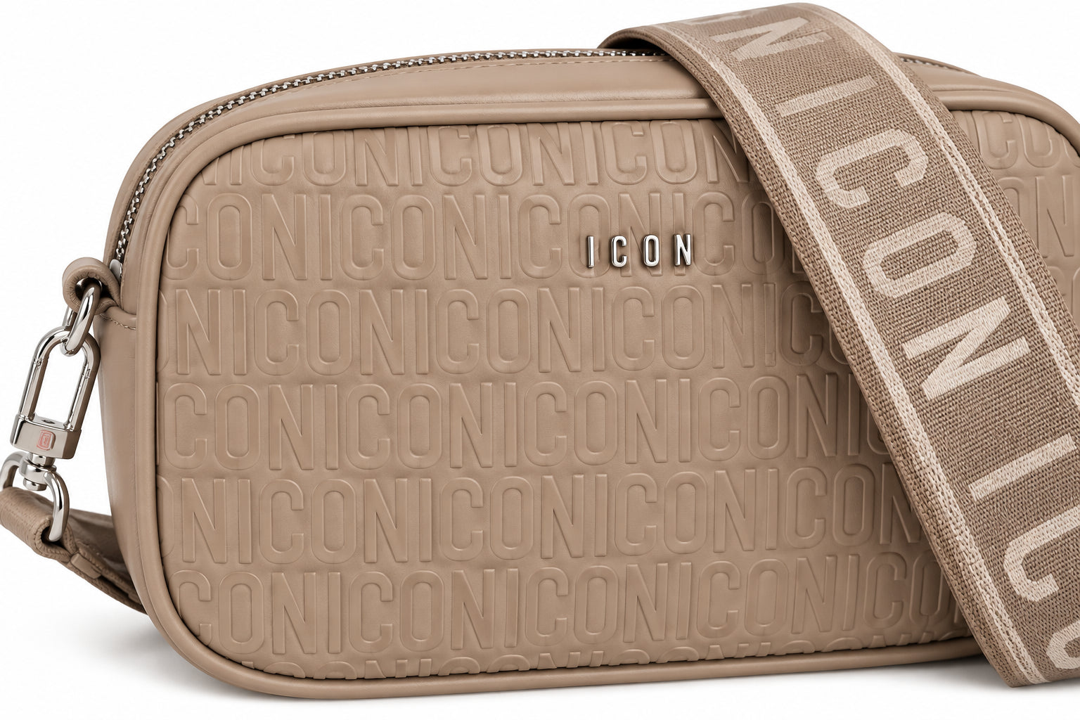 Borsa a tracolla camera bag beige con monogramma e fascia logata
