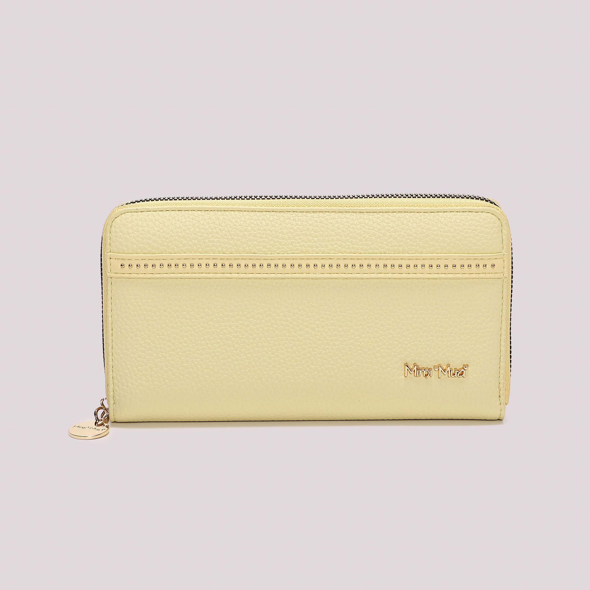 Portafoglio donna Mimi Mua zip around con borchie sottili stile elegante minimal GIALLO CHIARO TU | Giò Fashion