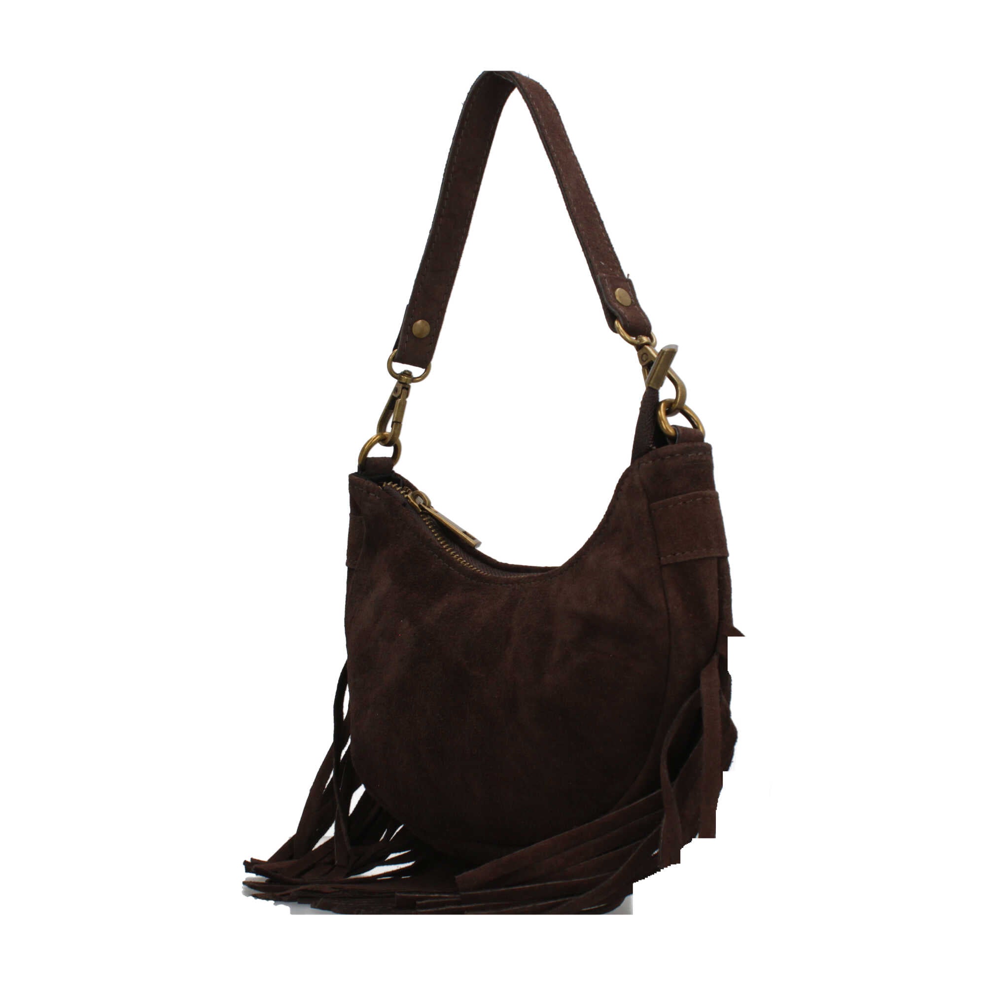 Borsa a spalla in vera pelle scamosciata con frange Made in Italy Marrone TU | Giò Fashion